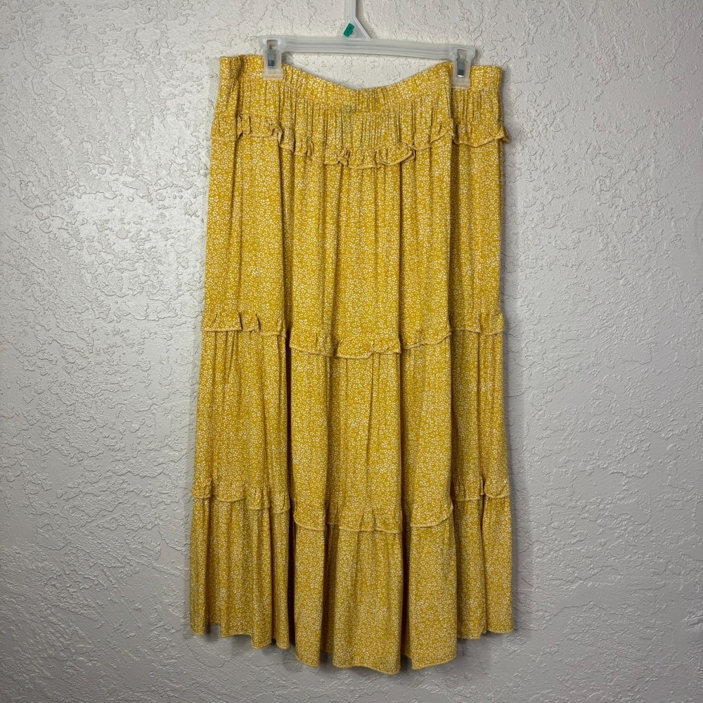 Shein Curve Teired Midi Skirt Size 3X Yellow Ditzy Floral Cottage Prairie Boho